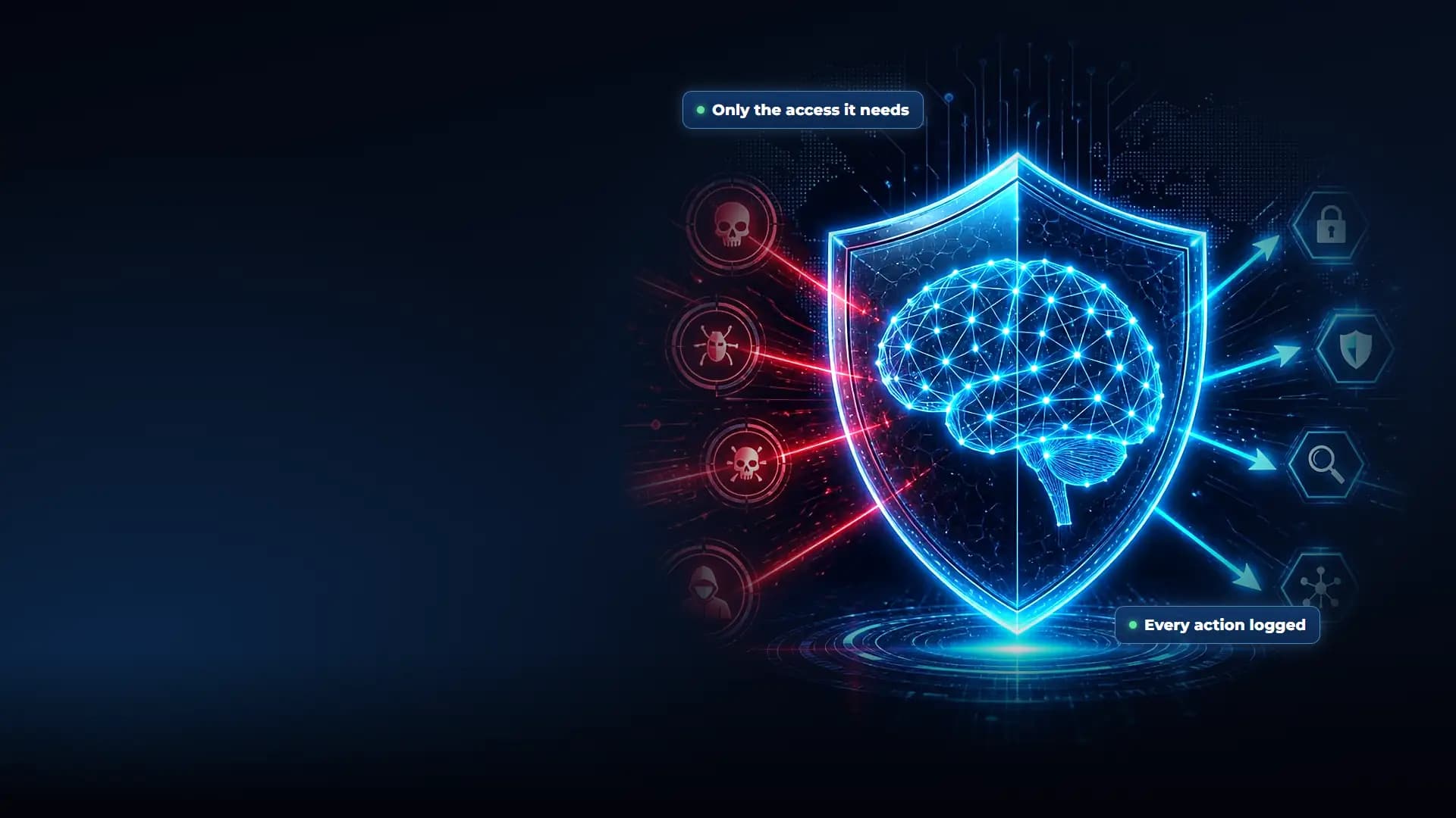 Glowing shield around an AI brain, blocking red threat icons on one side while lock, search and network icons stay protected on the other