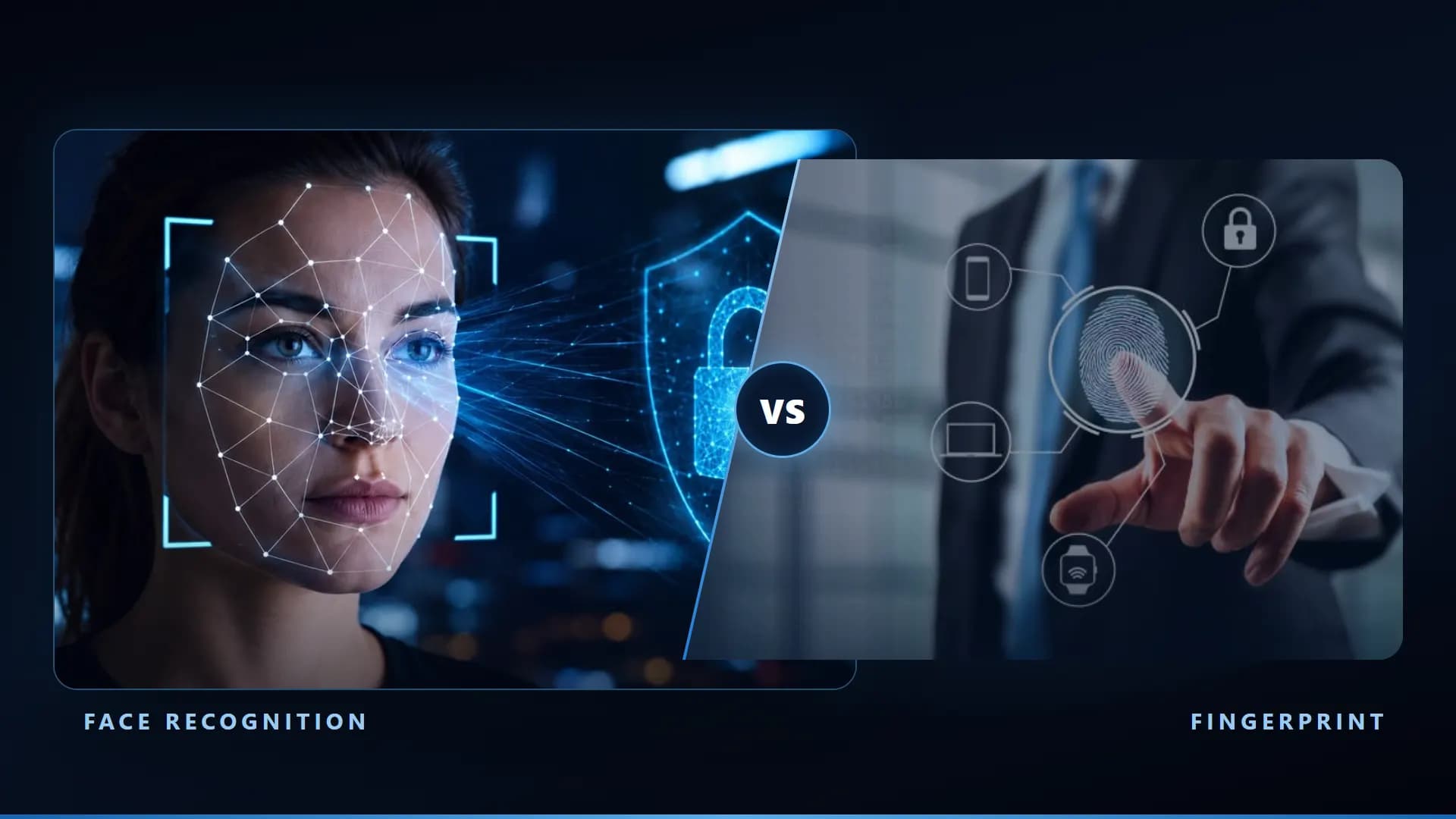 Face recognition scan with a digital mesh beside a finger touching a glowing fingerprint scanner, labelled face recognition vs fingerprint