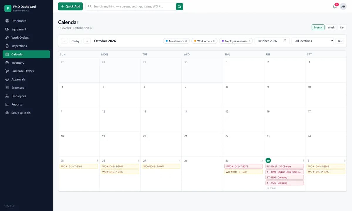 Maintenance calendar showing tasks and work orders by day