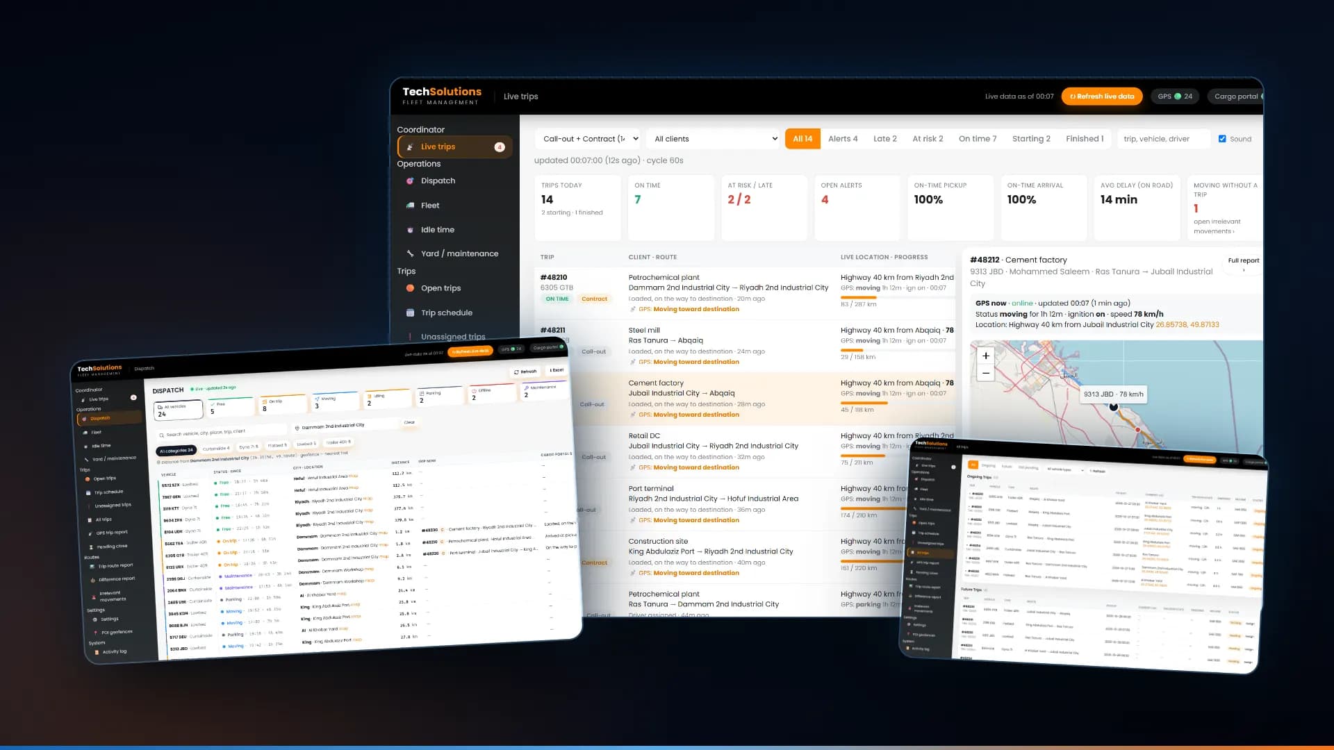 Live trips desk with a map and a dispatch board for journey management of a small fleet