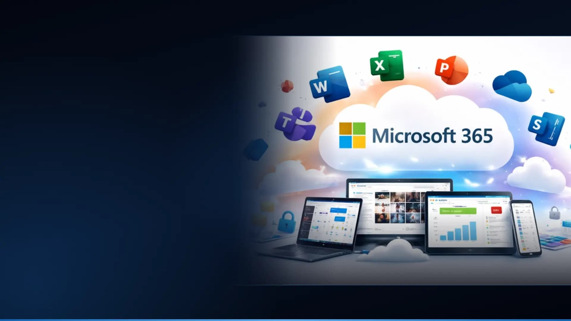 Microsoft 365 cloud with Word, Excel, PowerPoint, Teams, OneDrive and SharePoint icons above a laptop, tablet and phone
