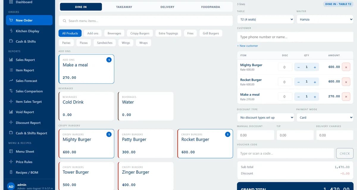 Tech Solutions Restaurant POS order screen with a dine-in bill for table T2, waiter, menu categories and order type tabs