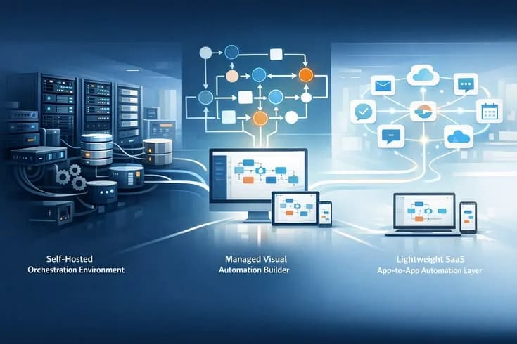 Three automation setups side by side: a self-hosted server environment, a managed visual workflow builder and a lightweight app-to-app automation layer