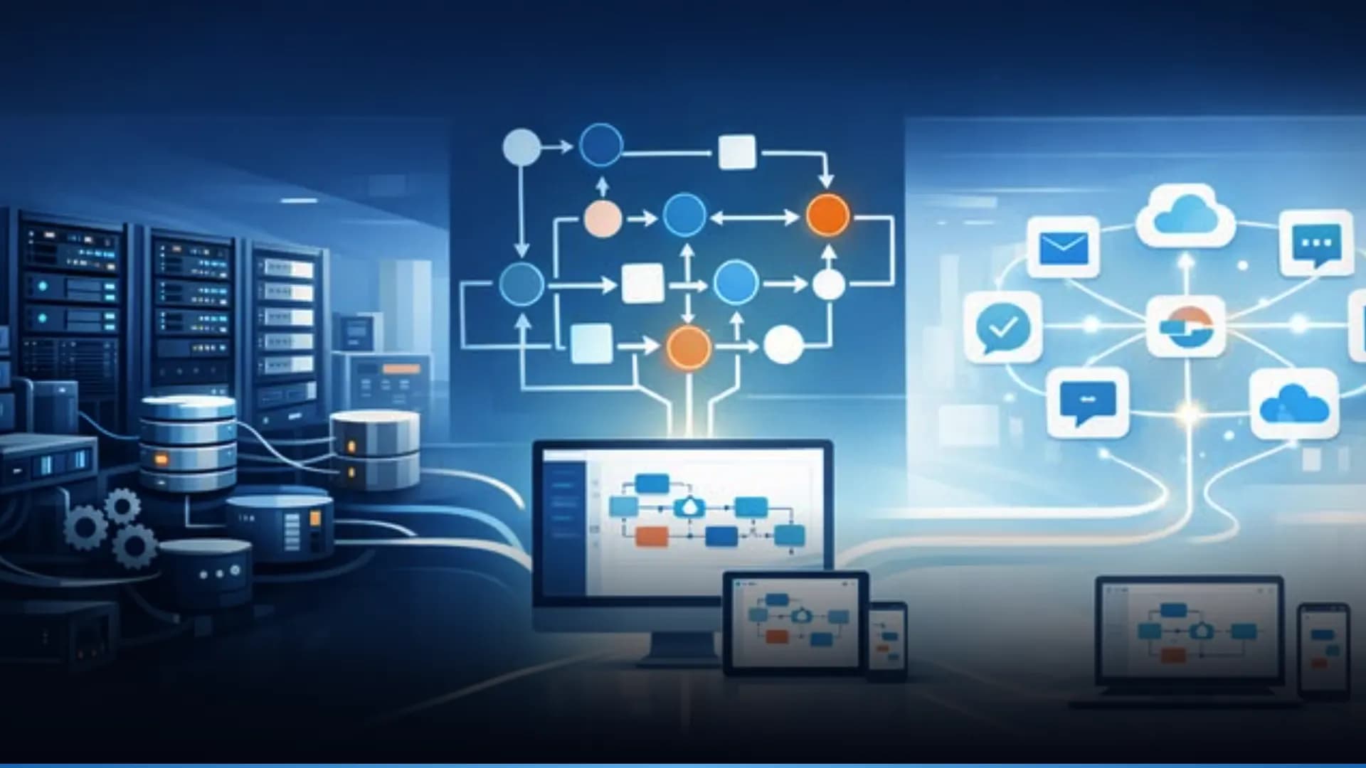 Illustration comparing a self-hosted server room, a visual workflow builder and cloud app-to-app automation