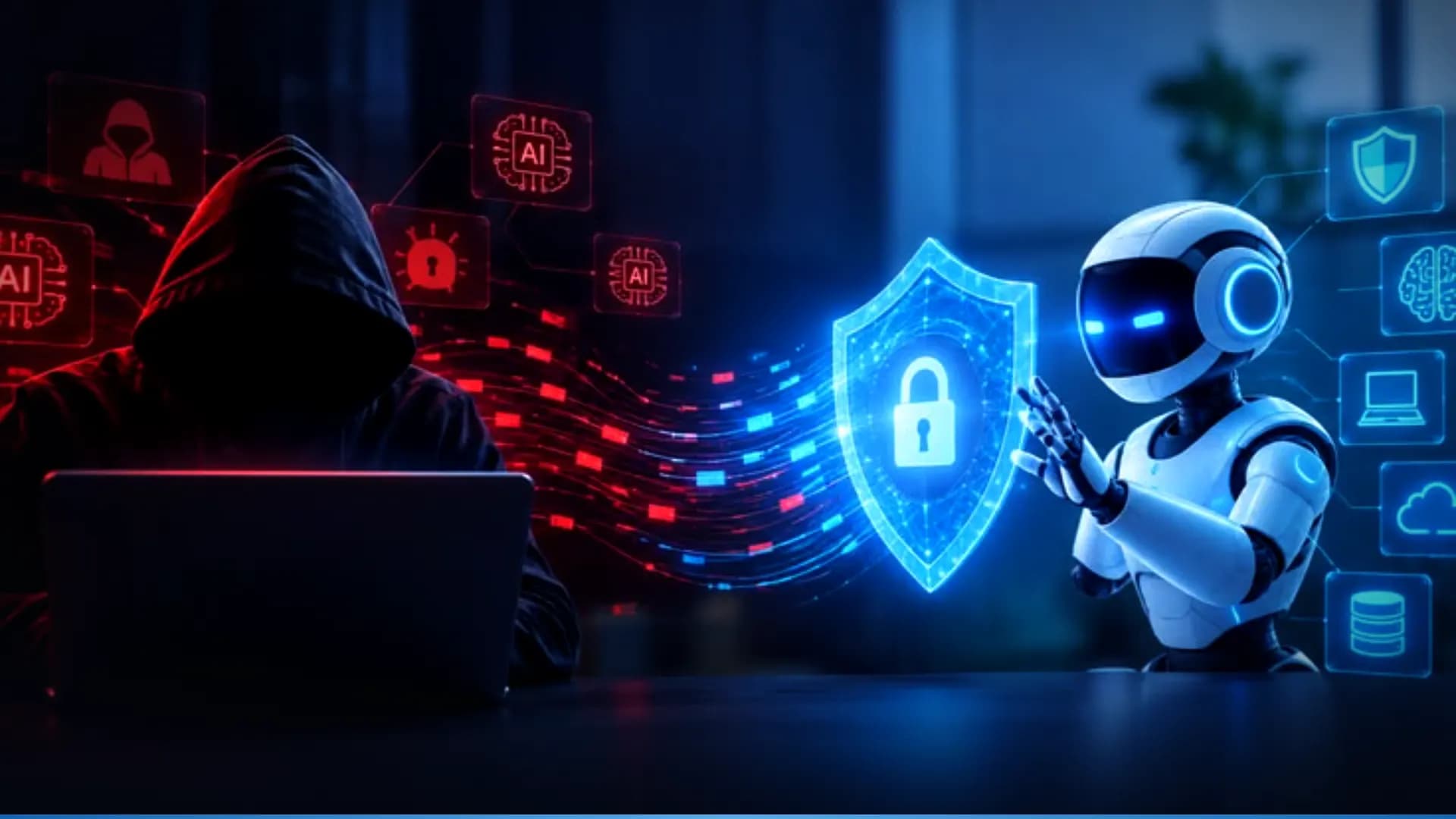 Illustration of a hooded hacker at a laptop sending red data streams at a blue shield held up by an AI robot