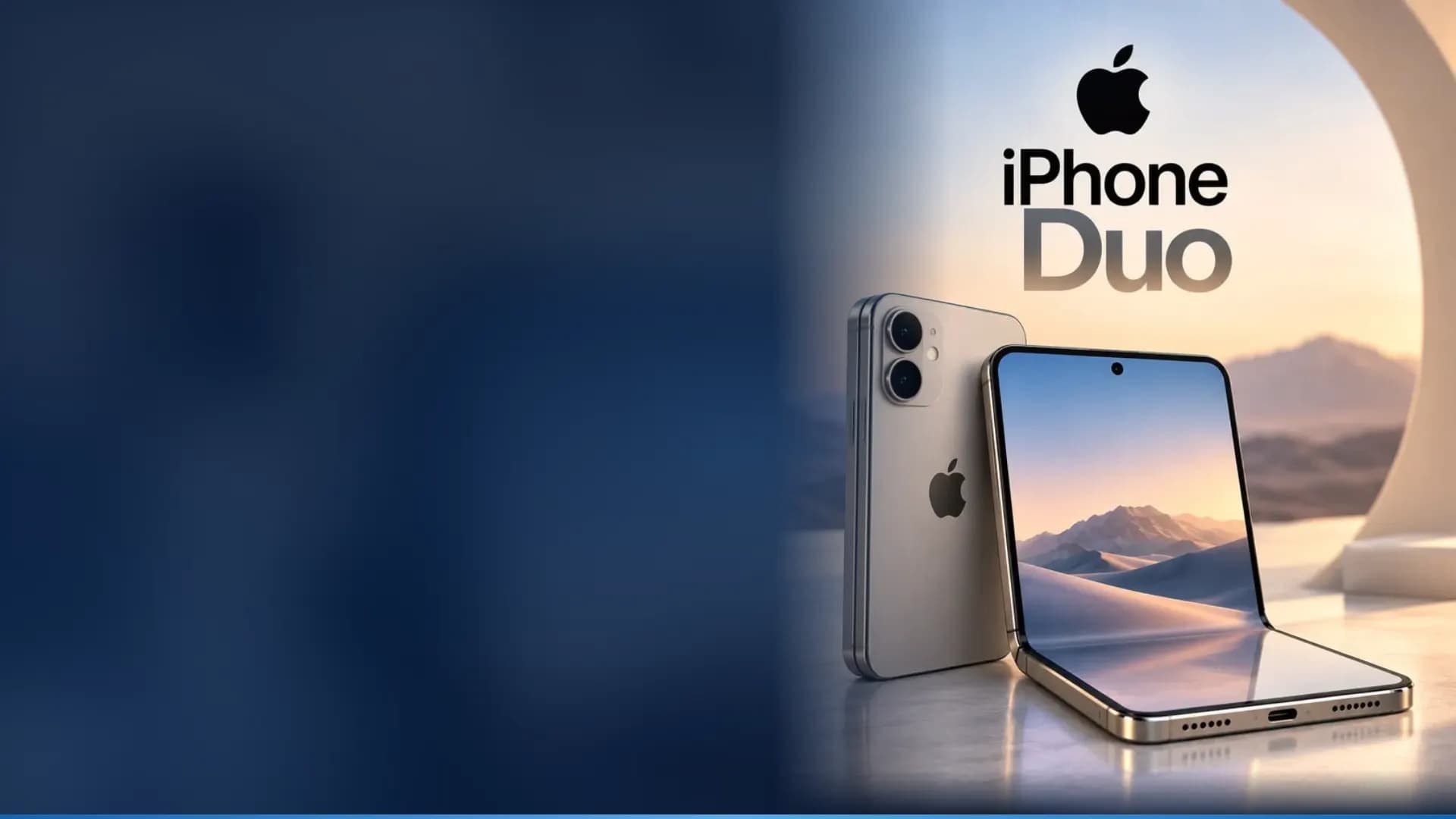 Illustration of the gold iPhone Duo foldable shown closed and half open in front of a desert view