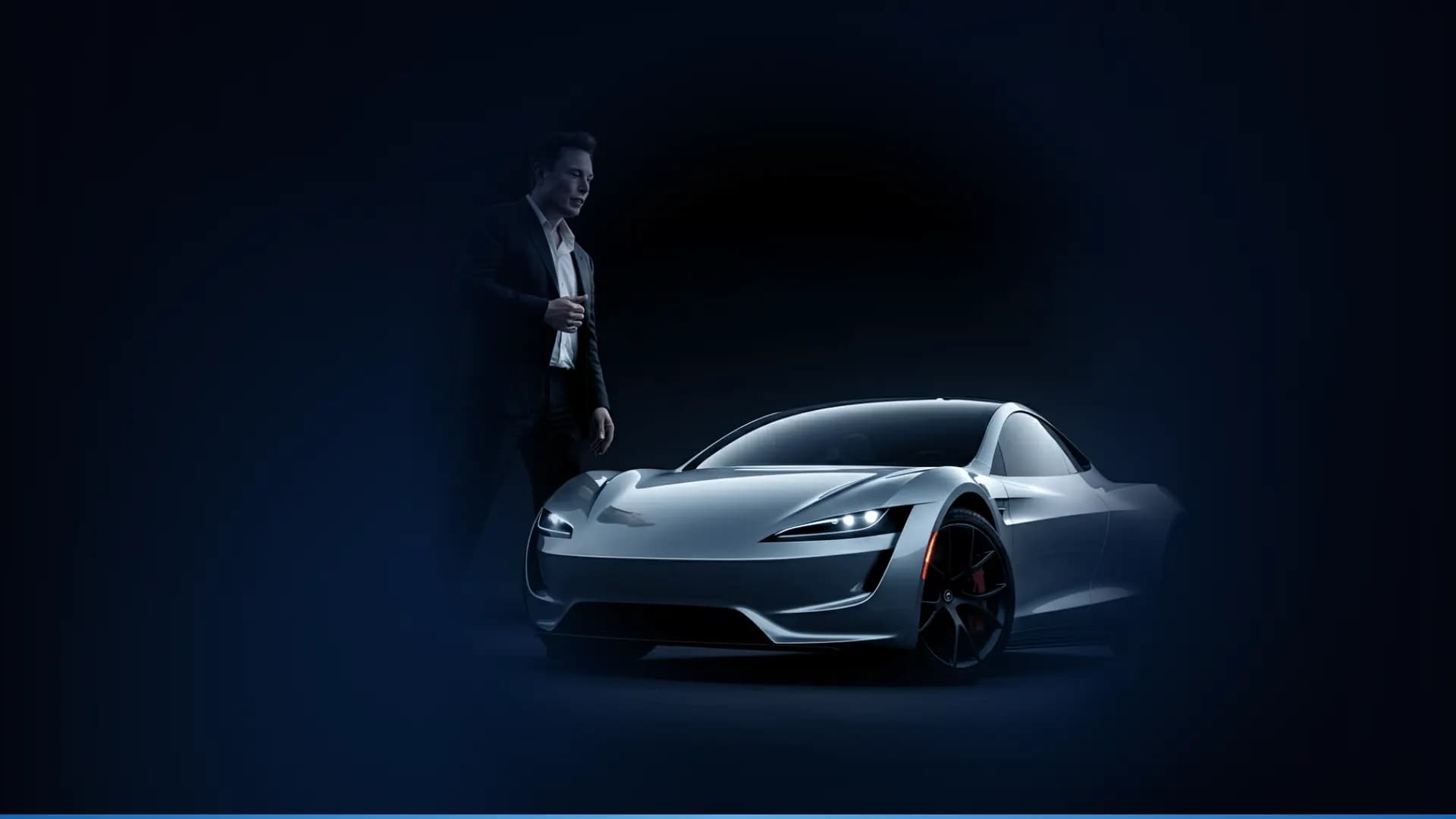 Illustration of the new Tesla Roadster in silver with Elon Musk beside it