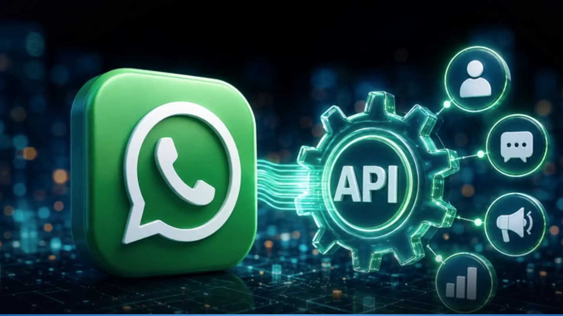 Illustration of the WhatsApp logo connected to a glowing API gear that links to customer, chat, broadcast and analytics icons