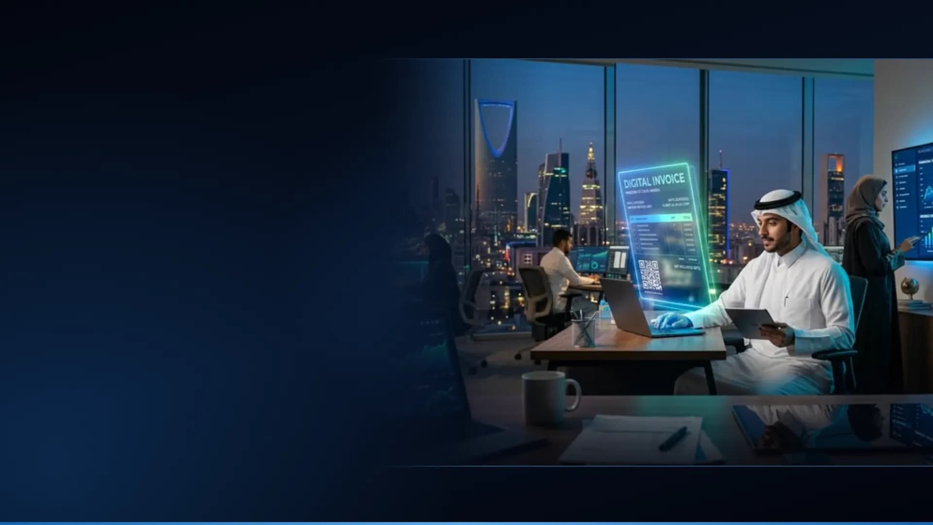 Saudi businessman at a laptop in a Riyadh office with a glowing digital invoice and QR code, Kingdom Centre in the skyline behind