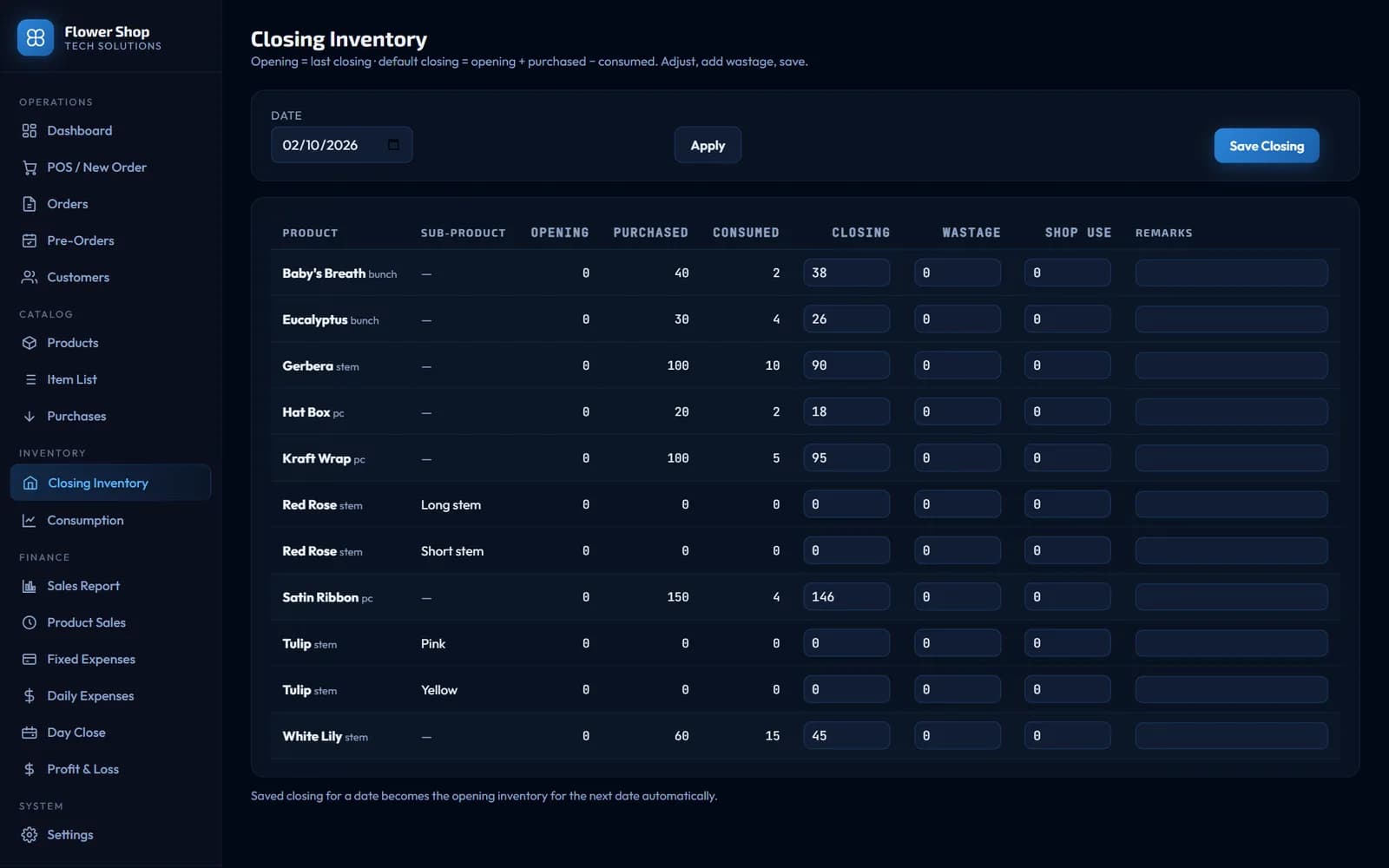 Retail closing inventory screen with opening, purchased, consumed and wastage per stem