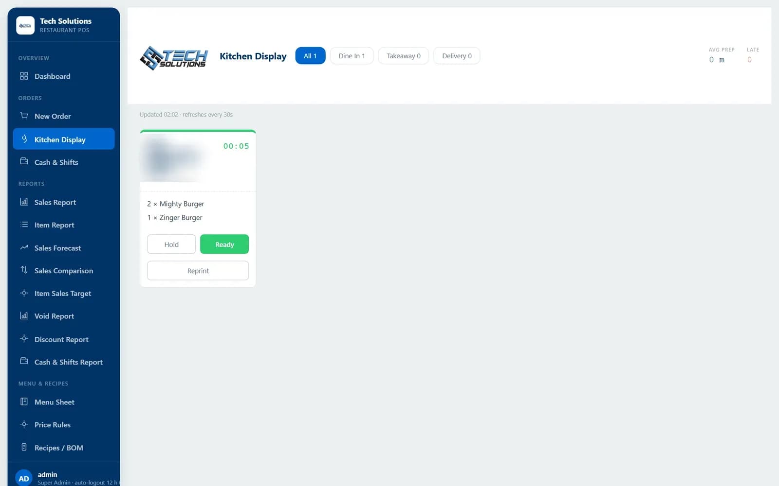 Restaurant kitchen display system showing a live order ticket