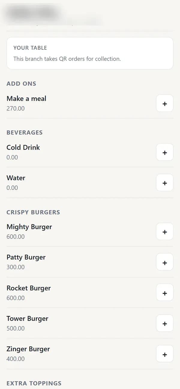 Restaurant QR table ordering page on a mobile phone