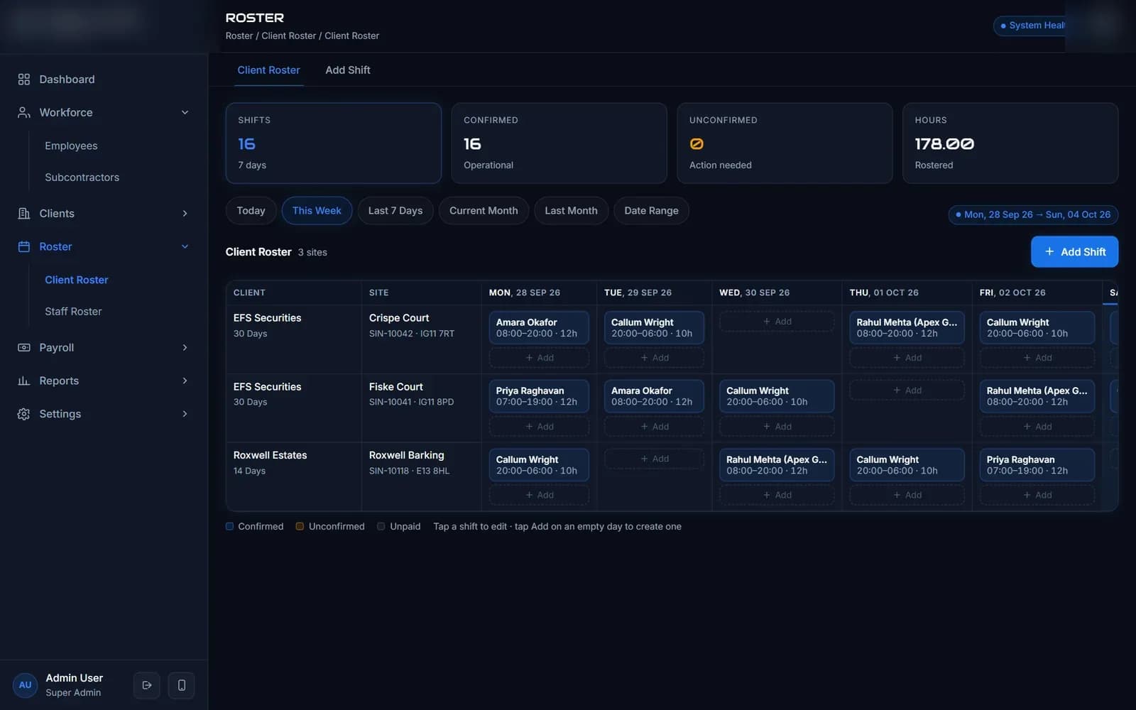 Security guard client roster grid by site and day