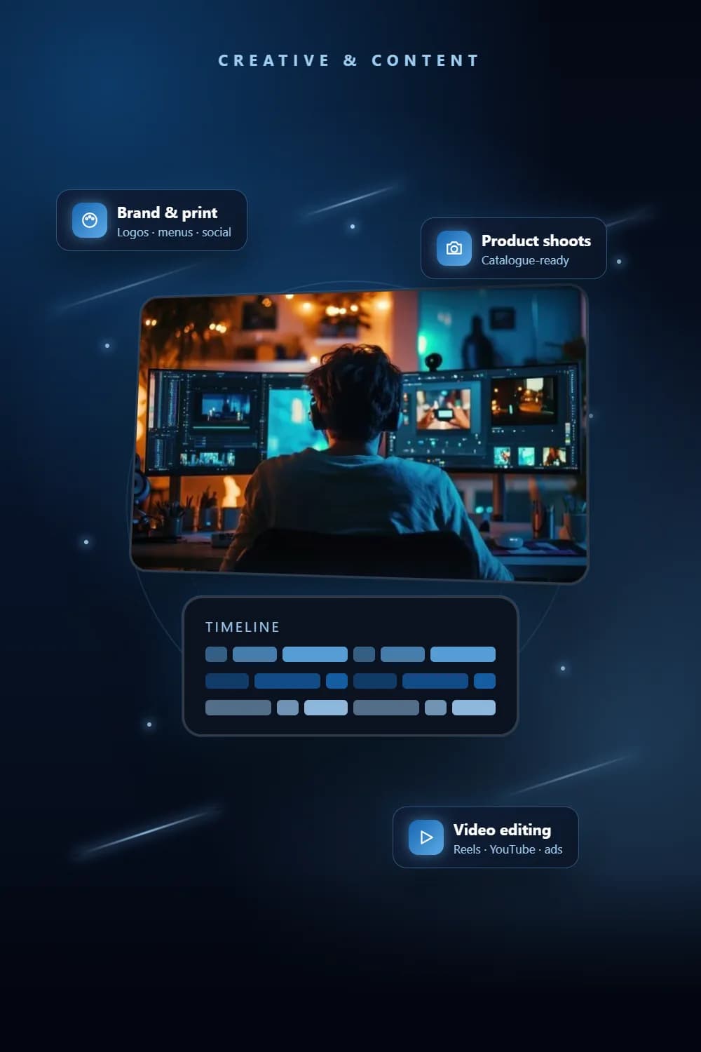 Video editor cutting footage across two monitors in a studio