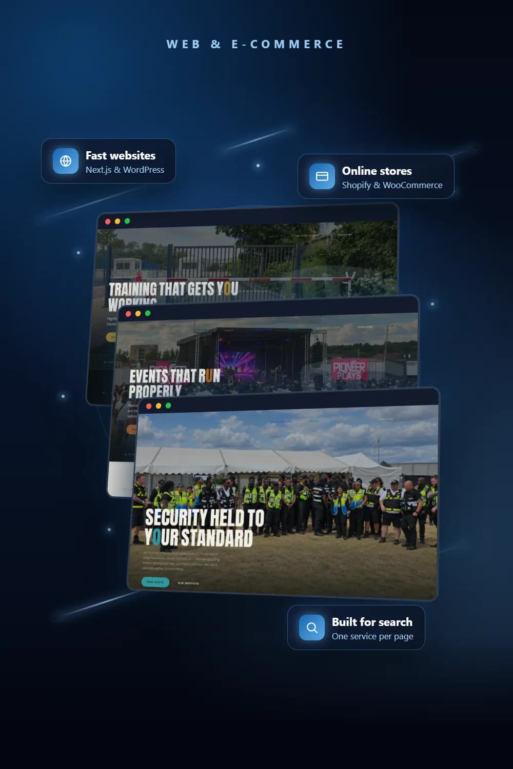 Responsive business website pages layered above a laptop and phone