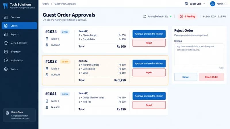Guest order approval queue with pending tickets, waiting time and approve or reject actions