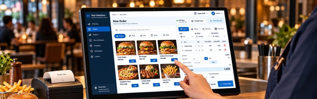 Restaurant management system order screen on a counter-top terminal