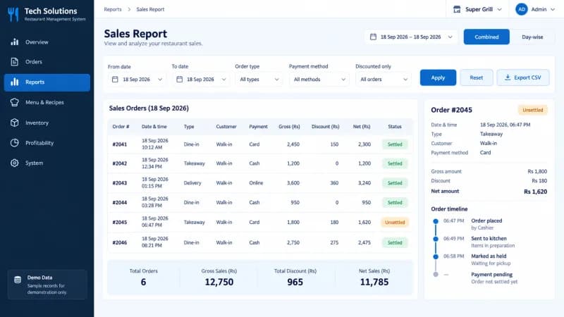 Sales report with date, order type and payment filters and a settlement status column