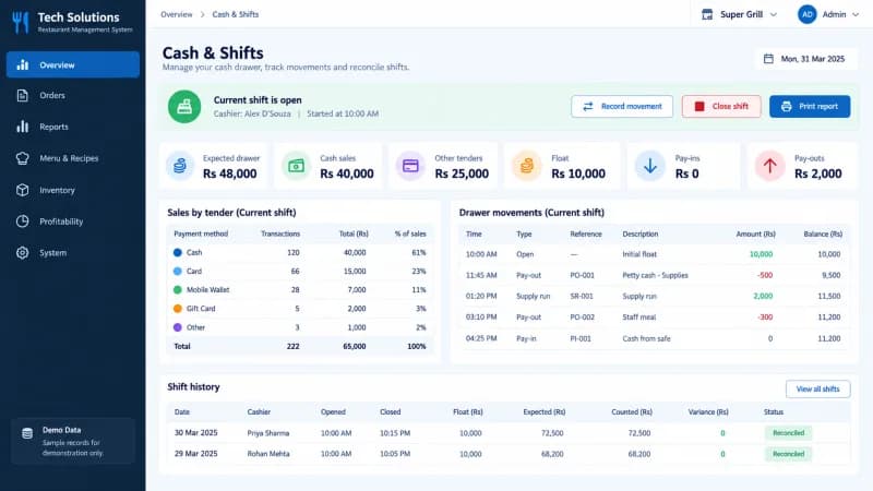 Cash shift screen with expected drawer, tender breakdown and drawer movements