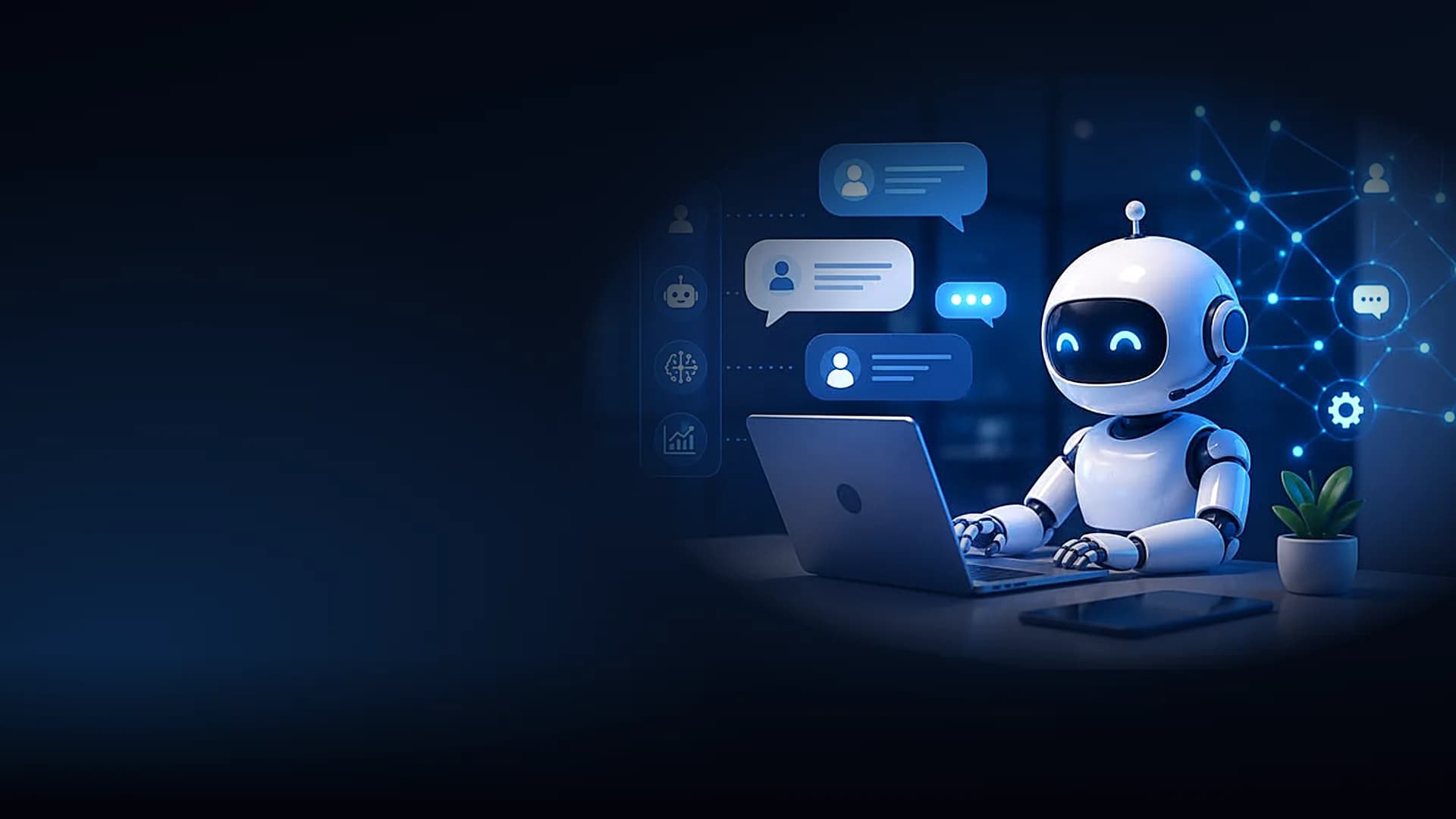 Friendly AI robot working at a laptop while chat messages and a network of connected tasks glow around it