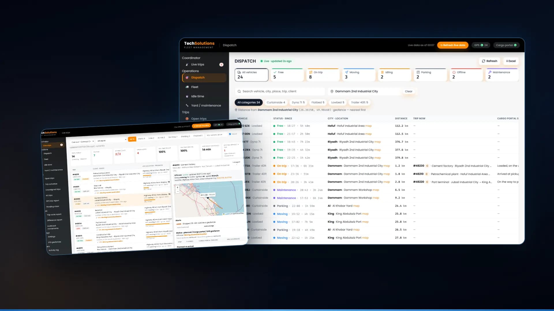 Dispatch software board ranking trucks by status and distance, with a live trip map beside it