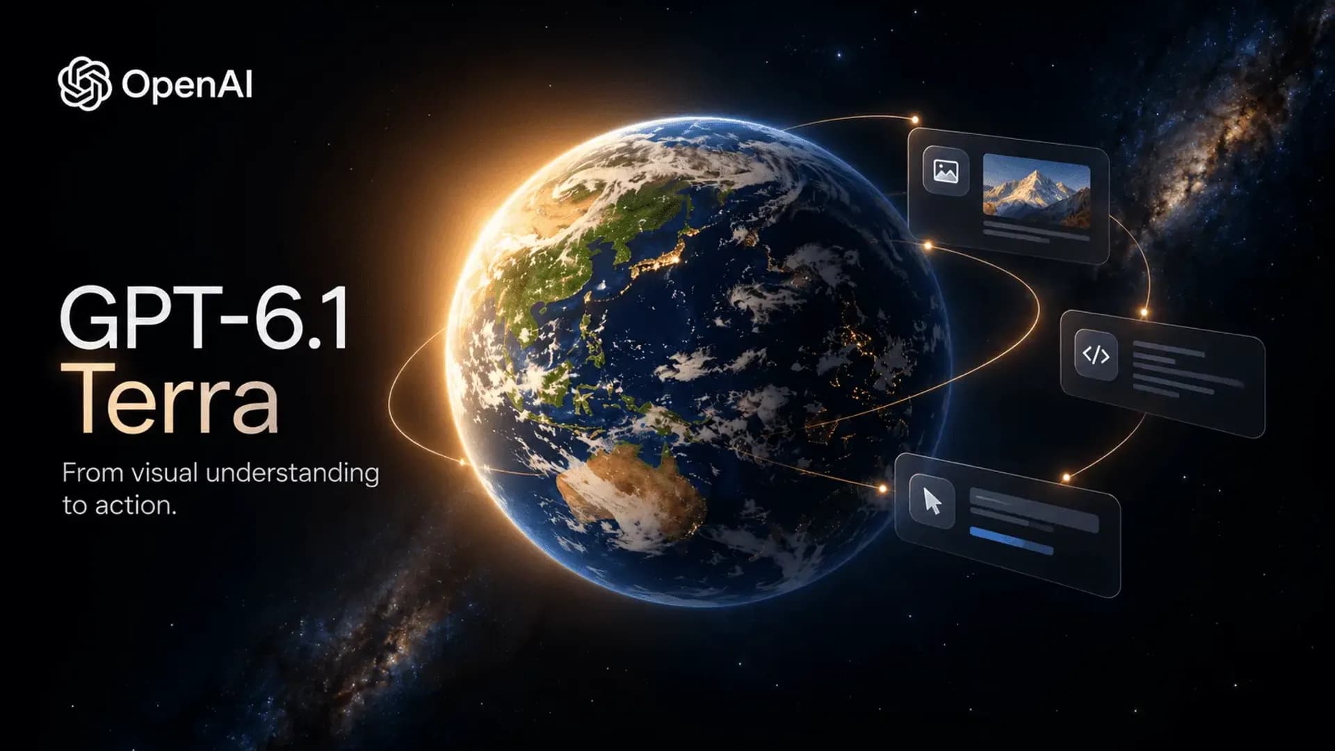 OpenAI GPT-6.1 Terra announcement graphic with the Earth and floating app windows for images, code and a mouse pointer