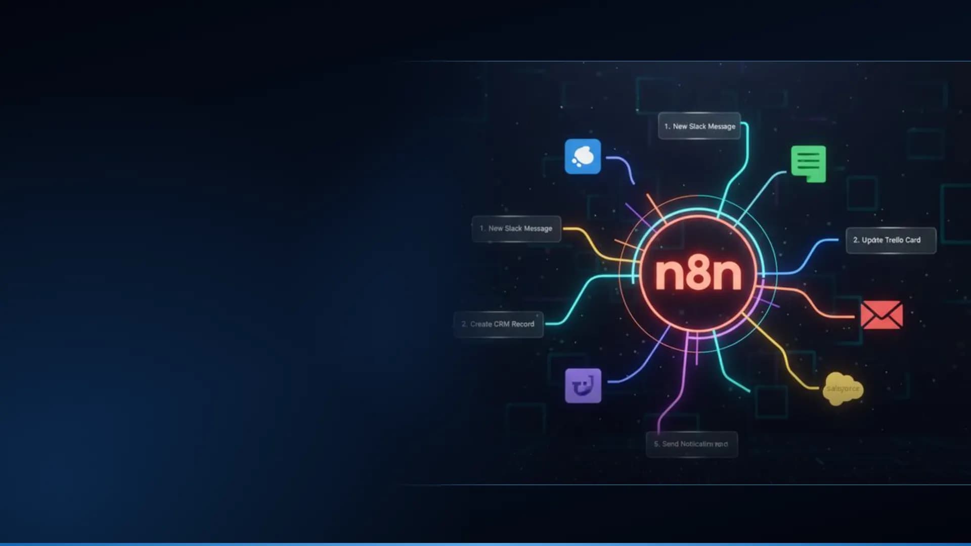 n8n logo at the centre of a workflow connecting Slack, CRM, email and Trello steps