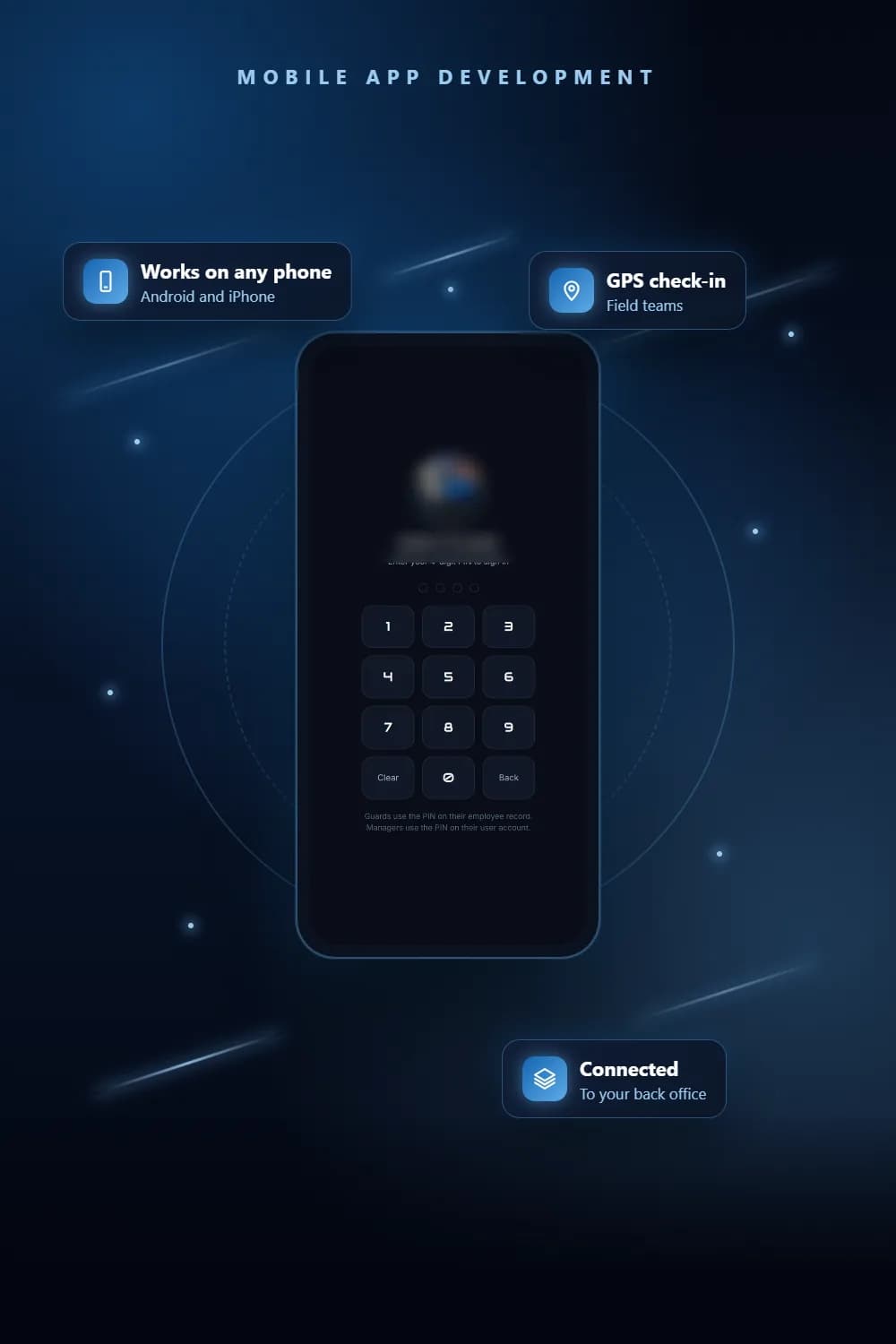 Staff mobile app with PIN sign-in and GPS check-in screens