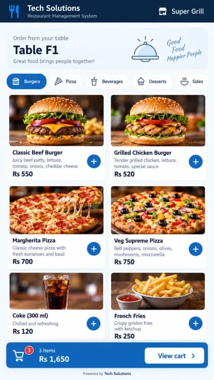 Mobile guest ordering screen with food categories, item cards and a cart bar