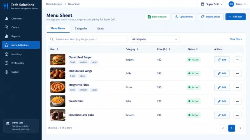 Menu sheet listing items, categories, prices and variant chips