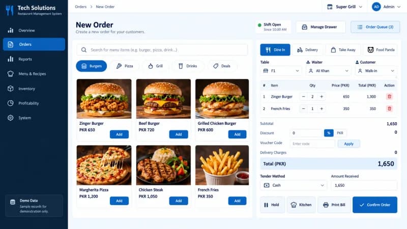 Point of sale order screen with a product grid and a running bill panel
