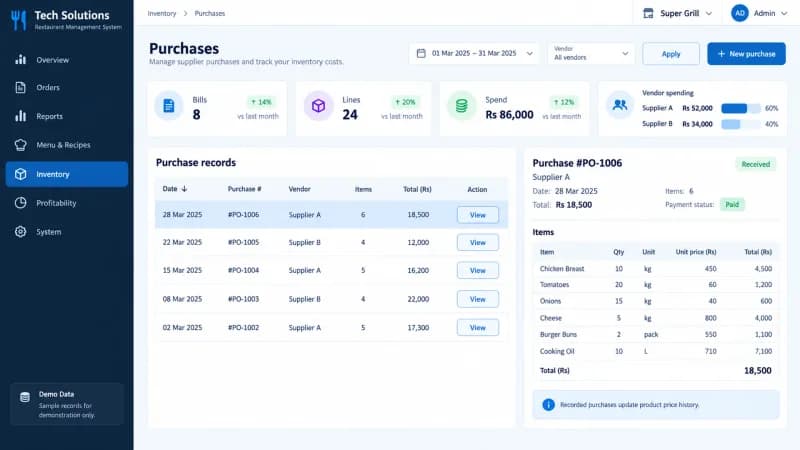 Purchases screen with vendor filters, bill lines and a selected receipt detail card