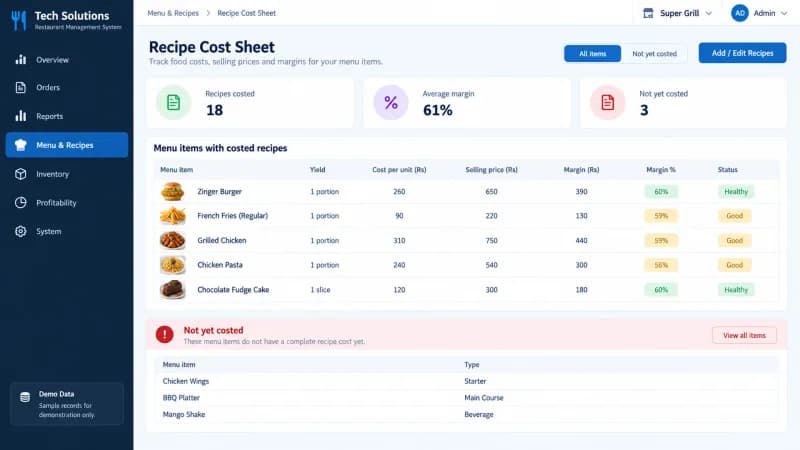 Recipe cost sheet comparing cost per unit, selling price and margin per menu item
